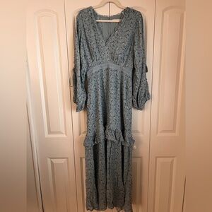 Stevie May Blue Ditsy Floral Maxi Dress Size M | Boho Ruffle Open Back